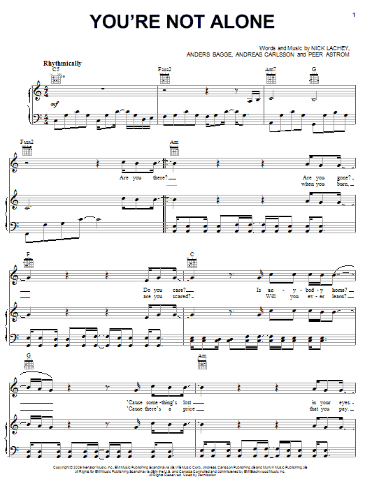 Learn to play Nick Lachey You're Not Alone sheet music for Piano, Vocal & Guitar Chords (Right-Hand Melody) in minutes. Price: 7.8900$ Nick Lachey You're Not Alone sheet music notes and chords arranged for Piano, Vocal & Guitar Chords (Right-Hand Melody)