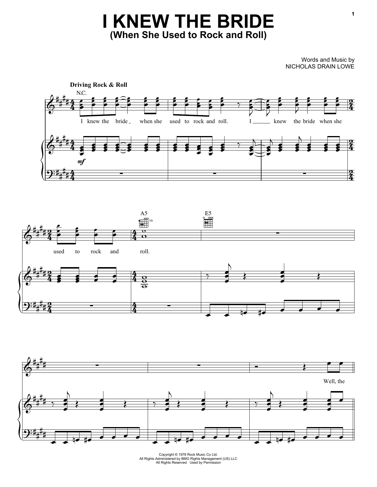 Nick Lowe I Knew The Bride (When She Used To Rock And Roll) sheet music notes and chords arranged for Piano, Vocal & Guitar Chords (Right-Hand Melody)