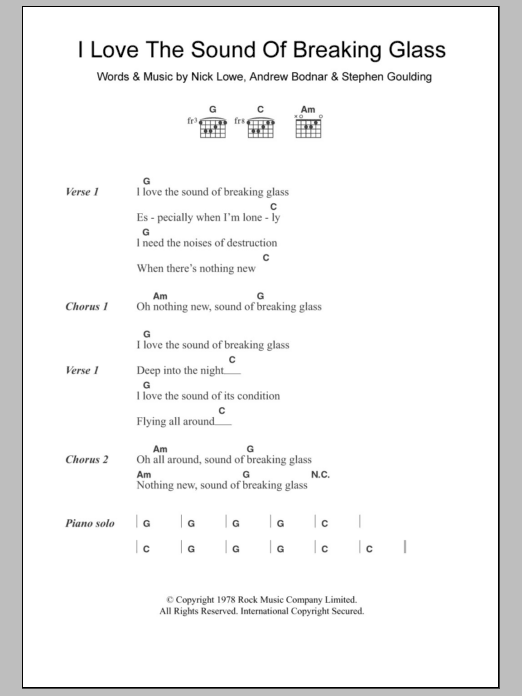 Nick Lowe I Love The Sound Of Breaking Glass sheet music notes and chords. Download Printable PDF.