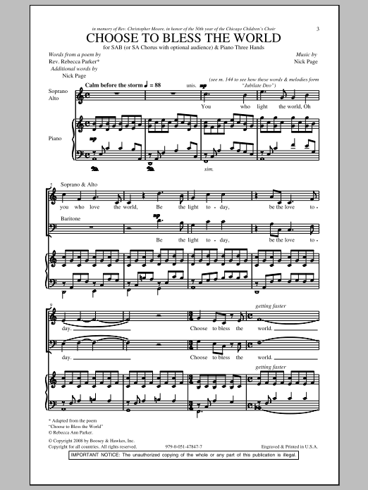 Learn to play Nick Page Choose To Bless The World sheet music for SAB Choir in minutes. Price: 3.9900$ Nick Page Choose To Bless The World sheet music notes and chords arranged for SAB Choir