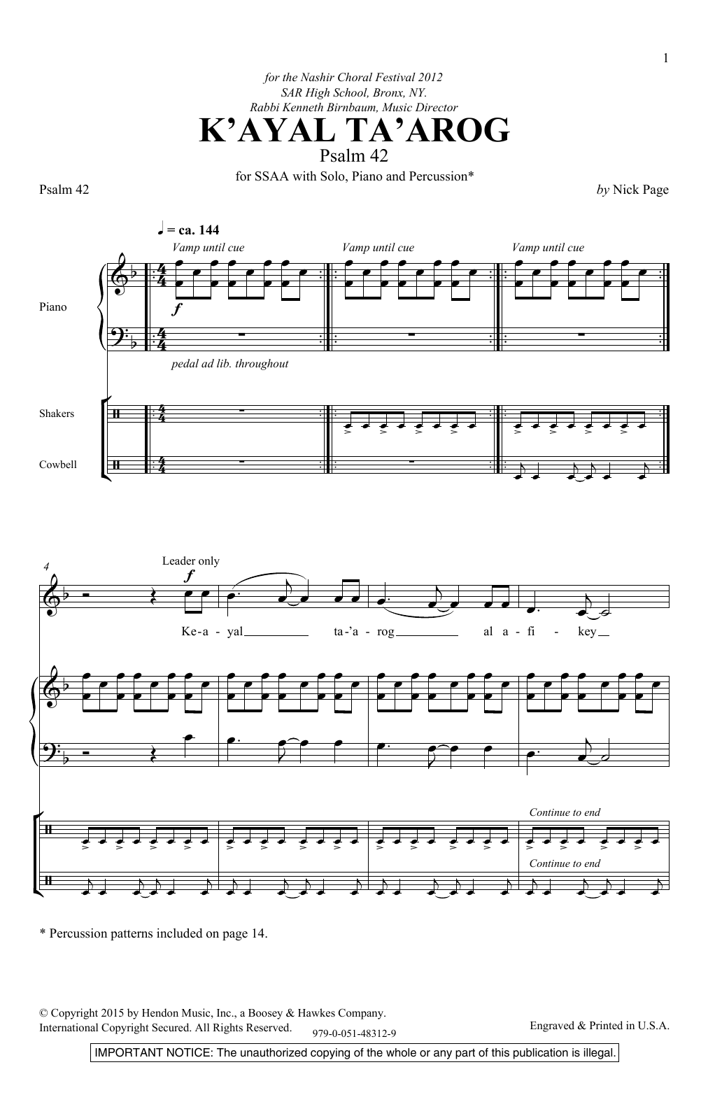 Nick Page K'Ayal Ta'arog sheet music notes and chords arranged for SSA Choir