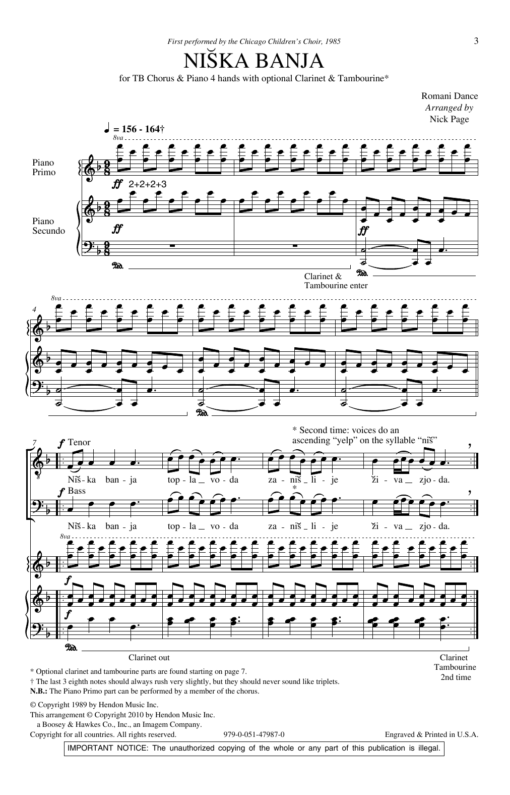 Nick Page Niska Banja sheet music notes and chords arranged for TB Choir