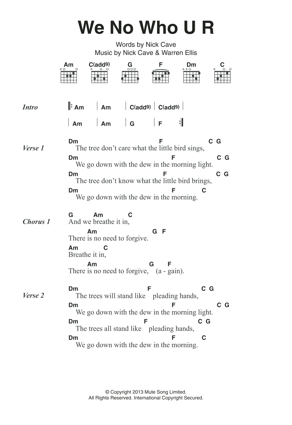 Nick Cave & The Bad Seeds We No Who U R sheet music notes and chords. Download Printable PDF.