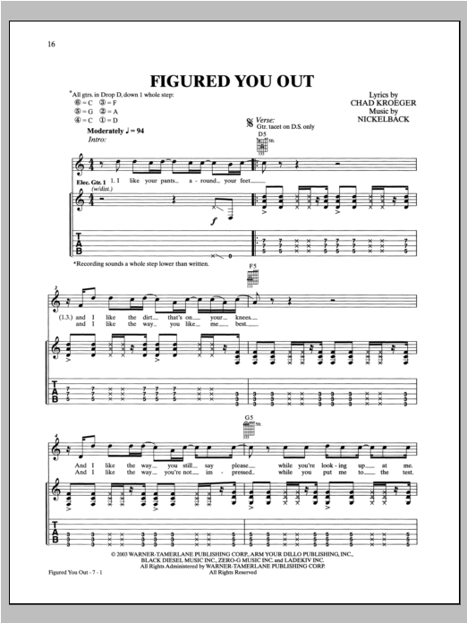 Learn to play Nickelback Figured You Out sheet music for Guitar Tab in minutes. Price: 7.8900$ Nickelback Figured You Out sheet music notes and chords arranged for Guitar Tab