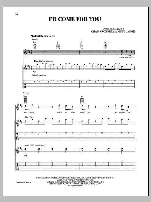 Nickelback I'd Come For You sheet music notes and chords arranged for Guitar Tab