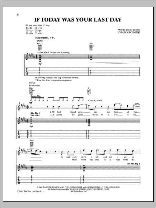 Learn to play Nickelback If Today Was Your Last Day sheet music for Guitar Tab in minutes. Price: 7.8900$ Nickelback If Today Was Your Last Day sheet music notes and chords arranged for Guitar Tab