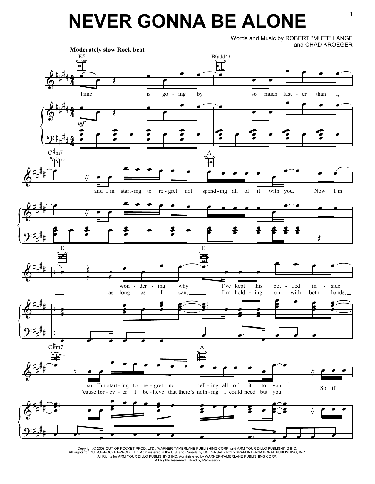 Learn to play Nickelback Never Gonna Be Alone sheet music for Piano, Vocal & Guitar Chords (Right-Hand Melody) in minutes. Price: 7.8900$ Nickelback Never Gonna Be Alone sheet music notes and chords arranged for Piano, Vocal & Guitar Chords (Right-Hand Melody)