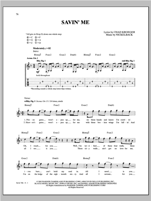 Nickelback Savin' Me sheet music notes and chords. Download Printable PDF.