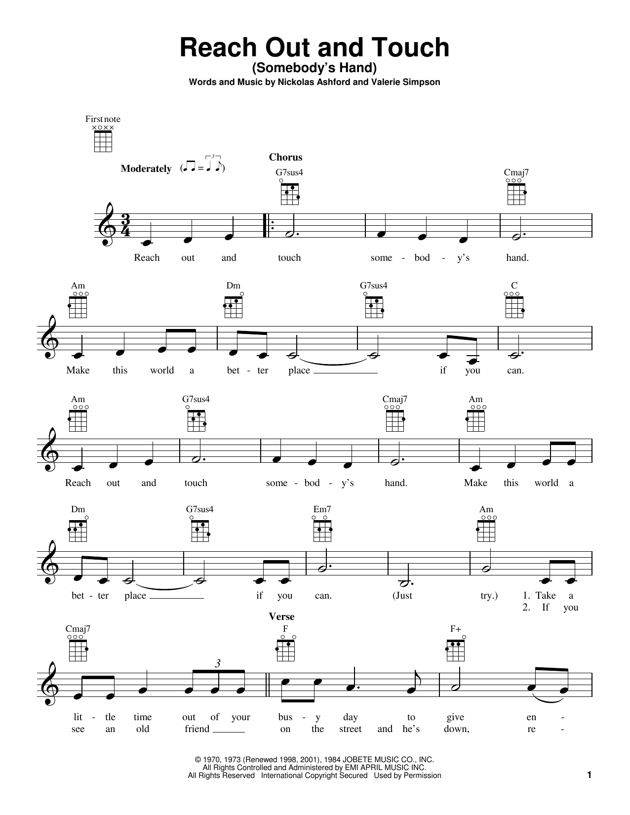 Learn to play Nickolas Ashford Reach Out And Touch (Somebody's Hand) sheet music for Ukulele in minutes. Price: 5.9900$ Nickolas Ashford Reach Out And Touch (Somebody's Hand) sheet music notes and chords arranged for Ukulele