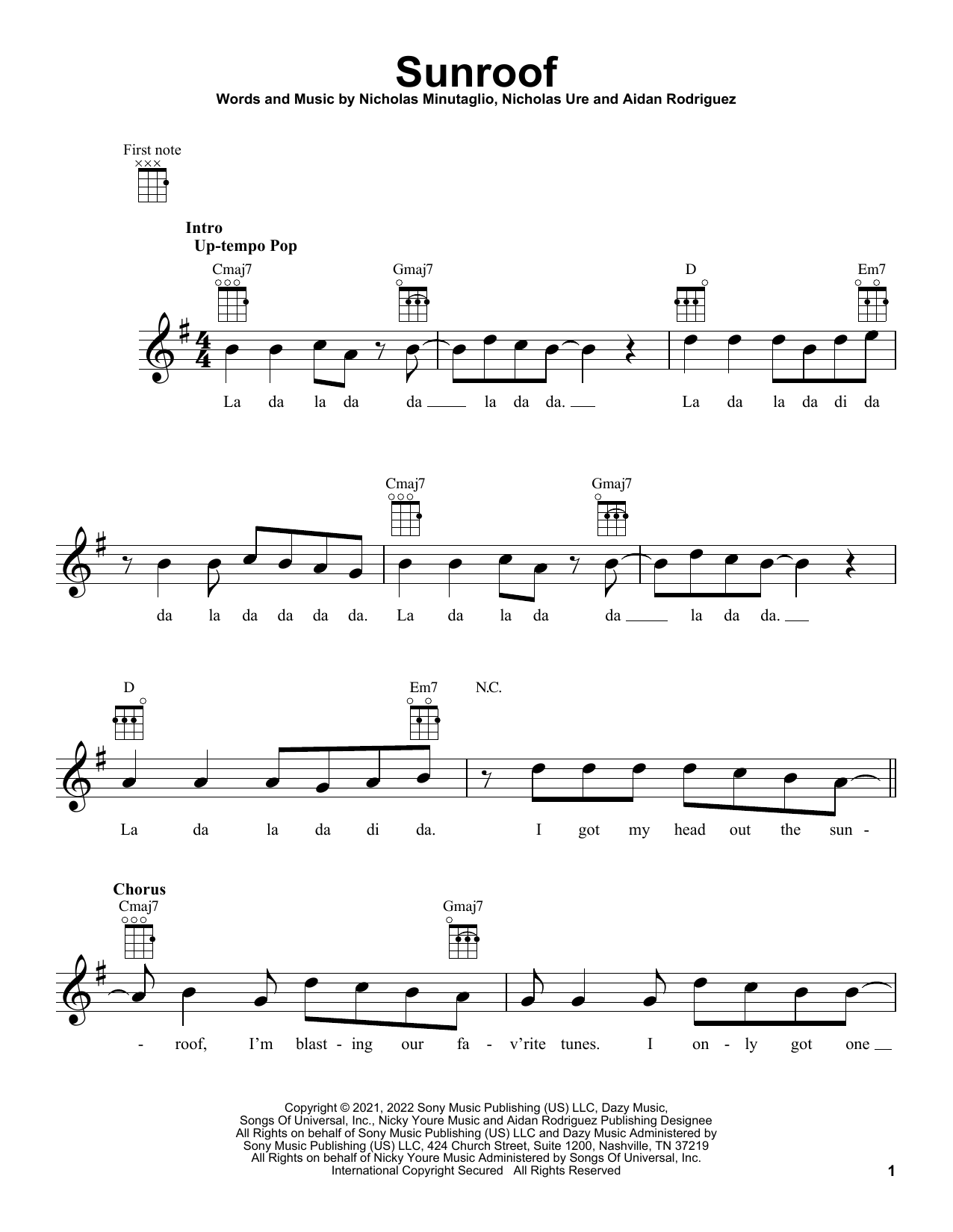 Nicky Youre And Dazy Sunroof sheet music notes and chords. Download Printable PDF.