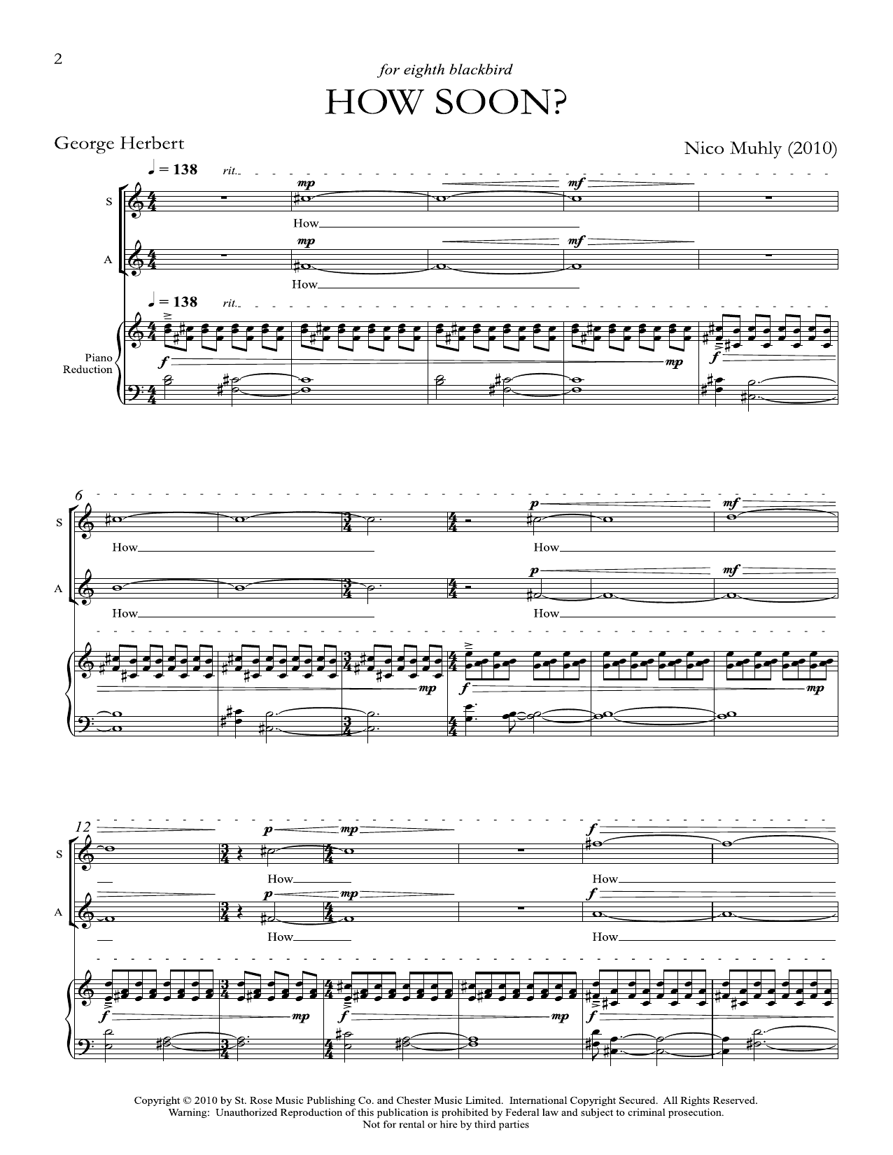 Learn to play Nico Muhly How Soon? sheet music for SSAA Choir in minutes. Price: 4.7900$ Nico Muhly How Soon? sheet music notes and chords arranged for SSAA Choir