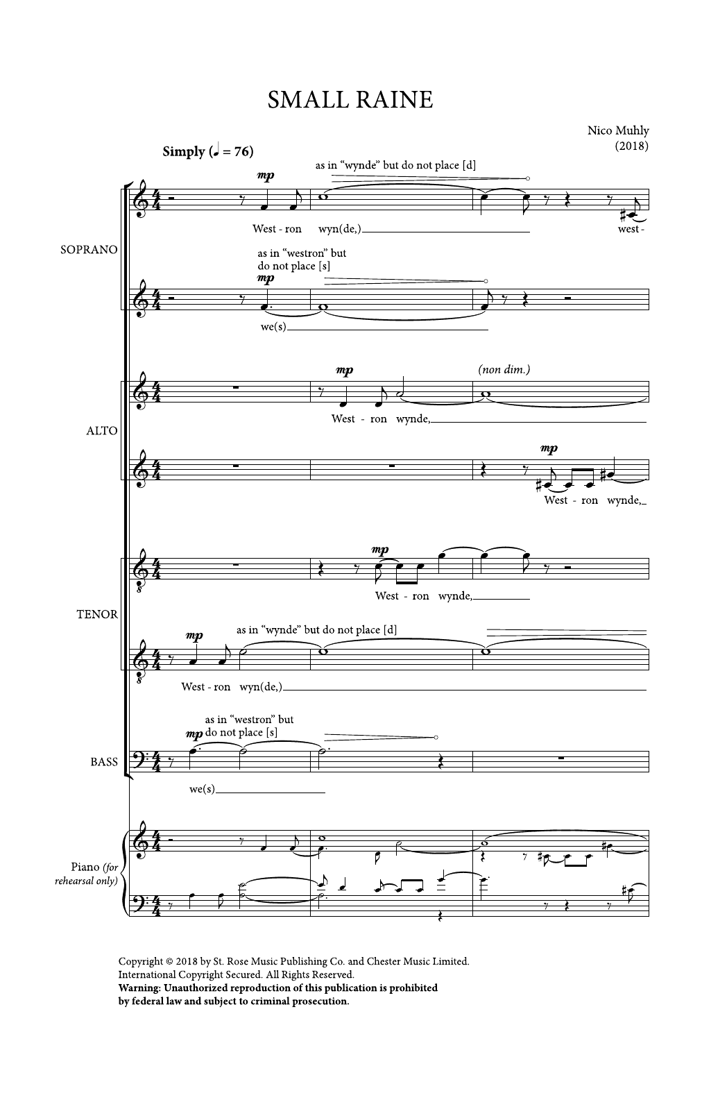 Learn to play Nico Muhly Small Raine sheet music for SATB Choir in minutes. Price: 4.7900$ Nico Muhly Small Raine sheet music notes and chords arranged for SATB Choir