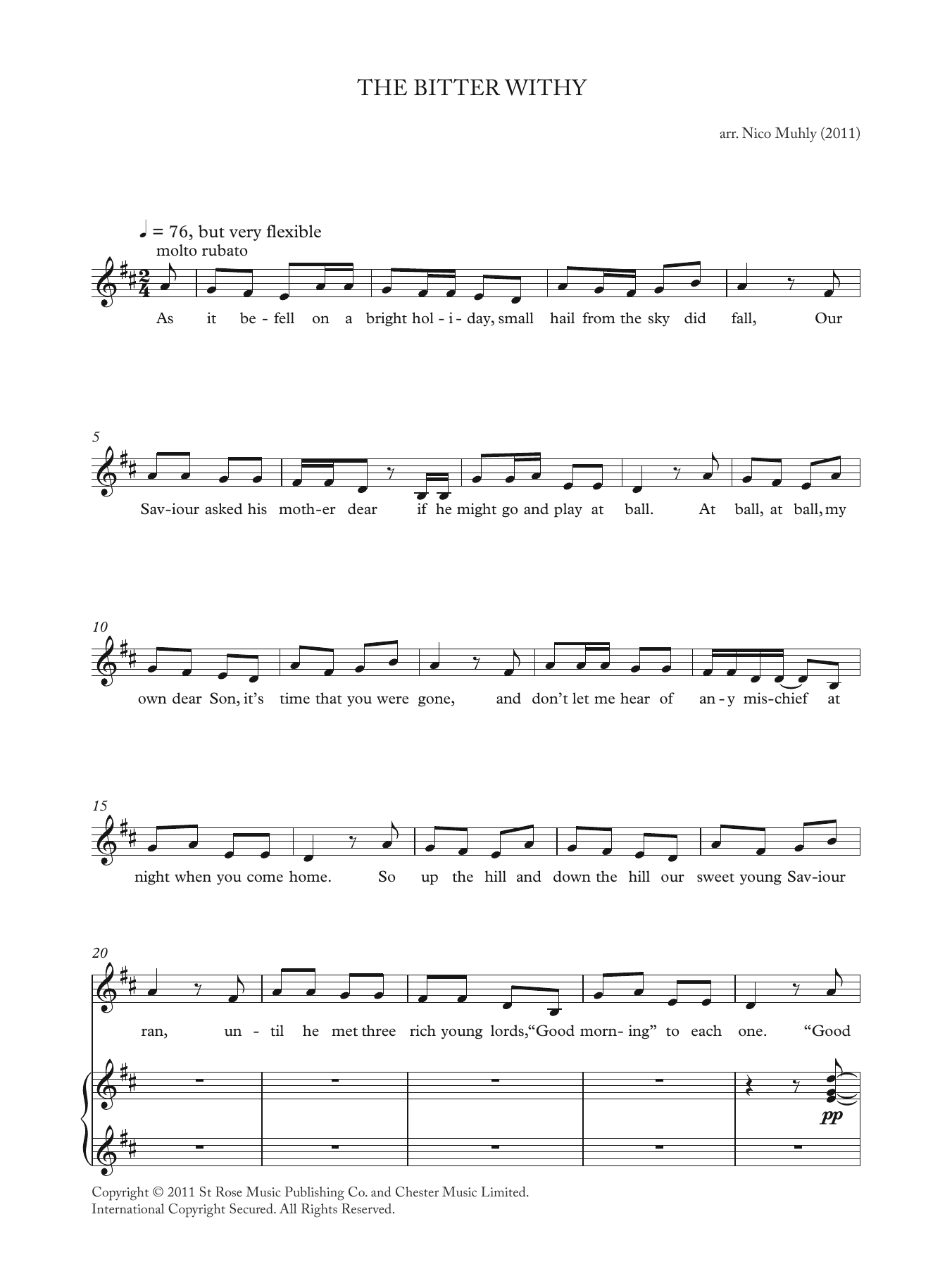 Learn to play Nico Muhly The Bitter Withy (from 'Four Traditional Songs') sheet music for Piano & Vocal in minutes. Price: 7.8900$ Nico Muhly The Bitter Withy (from 'Four Traditional Songs') sheet music notes and chords arranged for Piano & Vocal