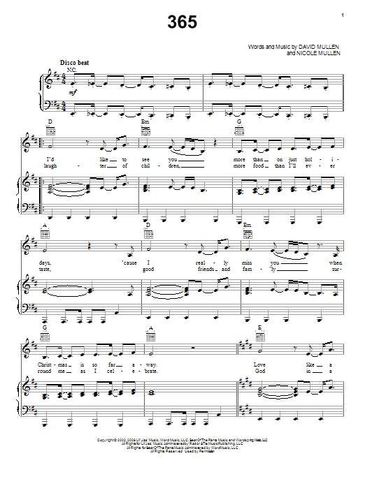 Learn to play Nicole C. Mullen 365 sheet music for Piano, Vocal & Guitar Chords (Right-Hand Melody) in minutes. Price: 7.8900$ Nicole C. Mullen 365 sheet music notes and chords arranged for Piano, Vocal & Guitar Chords (Right-Hand Melody)