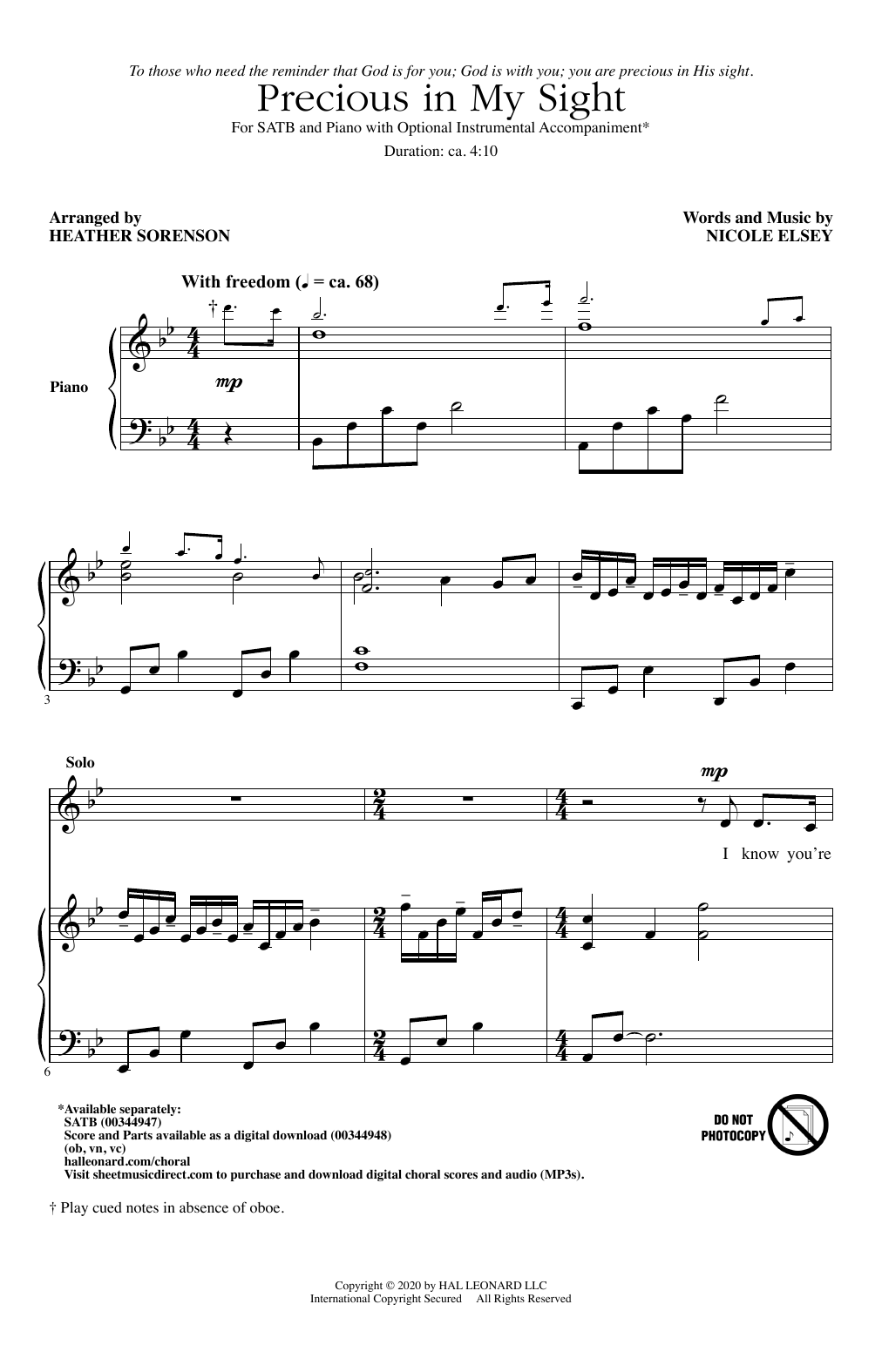 Learn to play Nicole Elsey Precious In My Sight (arr. Heather Sorenson) sheet music for SATB Choir in minutes. Price: 3.9900$ Nicole Elsey Precious In My Sight (arr. Heather Sorenson) sheet music notes and chords arranged for SATB Choir