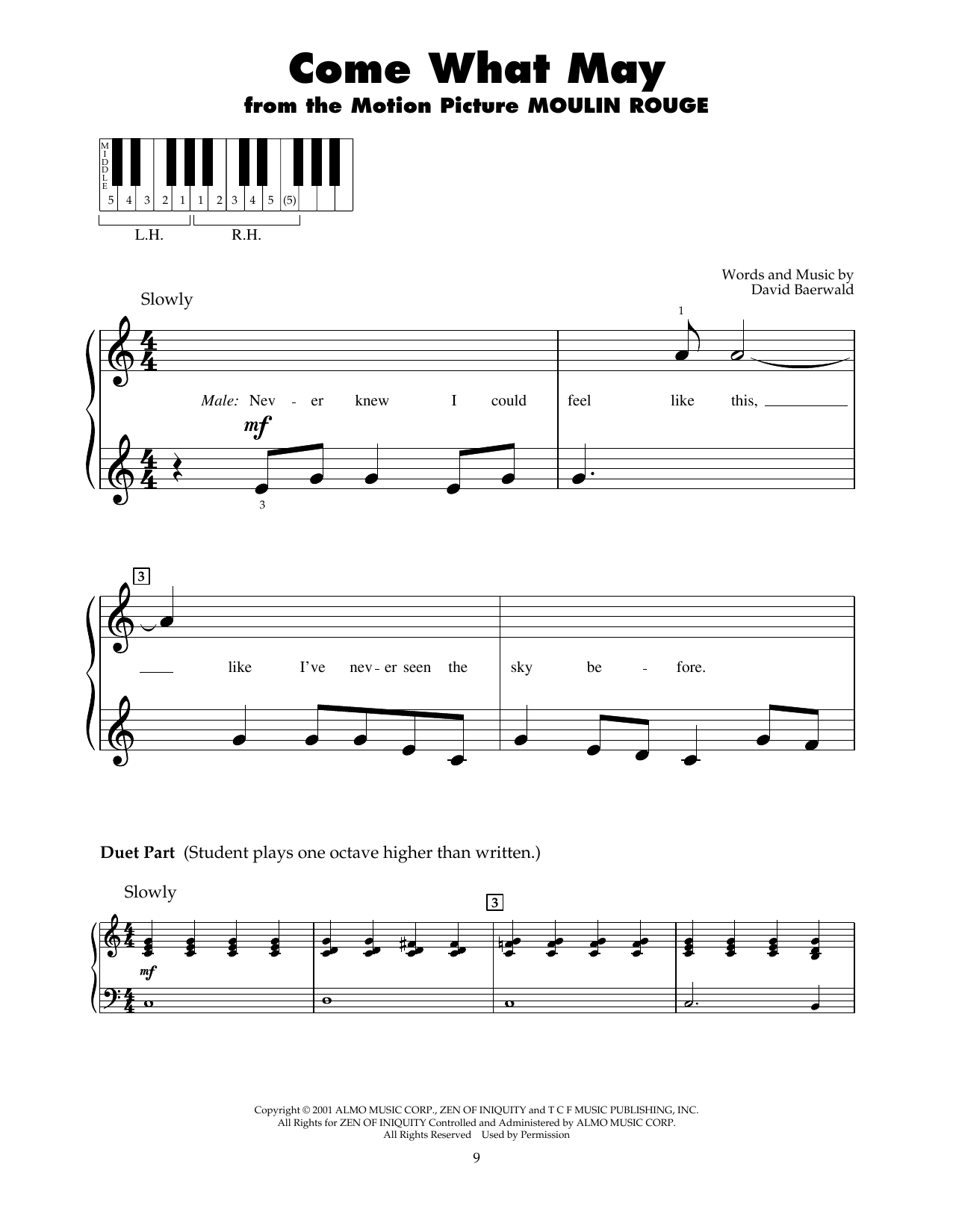 Nicole Kidman and Ewan McGregor Come What May (from Moulin Rouge) sheet music notes and chords. Download Printable PDF.