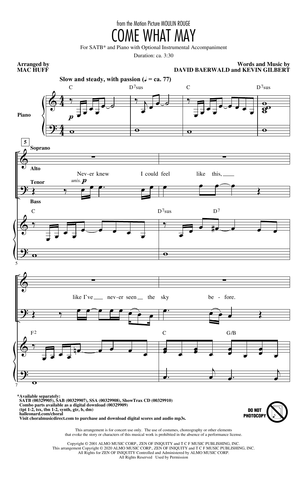 Nicole Kidman and Ewan McGregor Come What May (from Moulin Rouge) (arr. Mac Huff) sheet music notes and chords. Download Printable PDF.