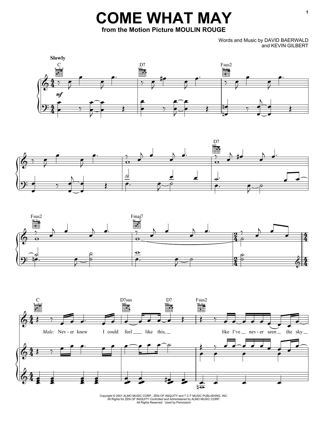 Nicole Kidman and Ewan McGregor Come What May (from Moulin Rouge) sheet music notes and chords. Download Printable PDF.