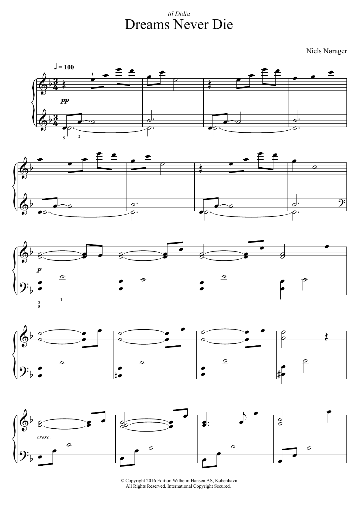 Learn to play Niels Nørager Dreams Never Die sheet music for Piano Solo in minutes. Price: 7.8900$ Niels Nørager Dreams Never Die sheet music notes and chords arranged for Piano Solo