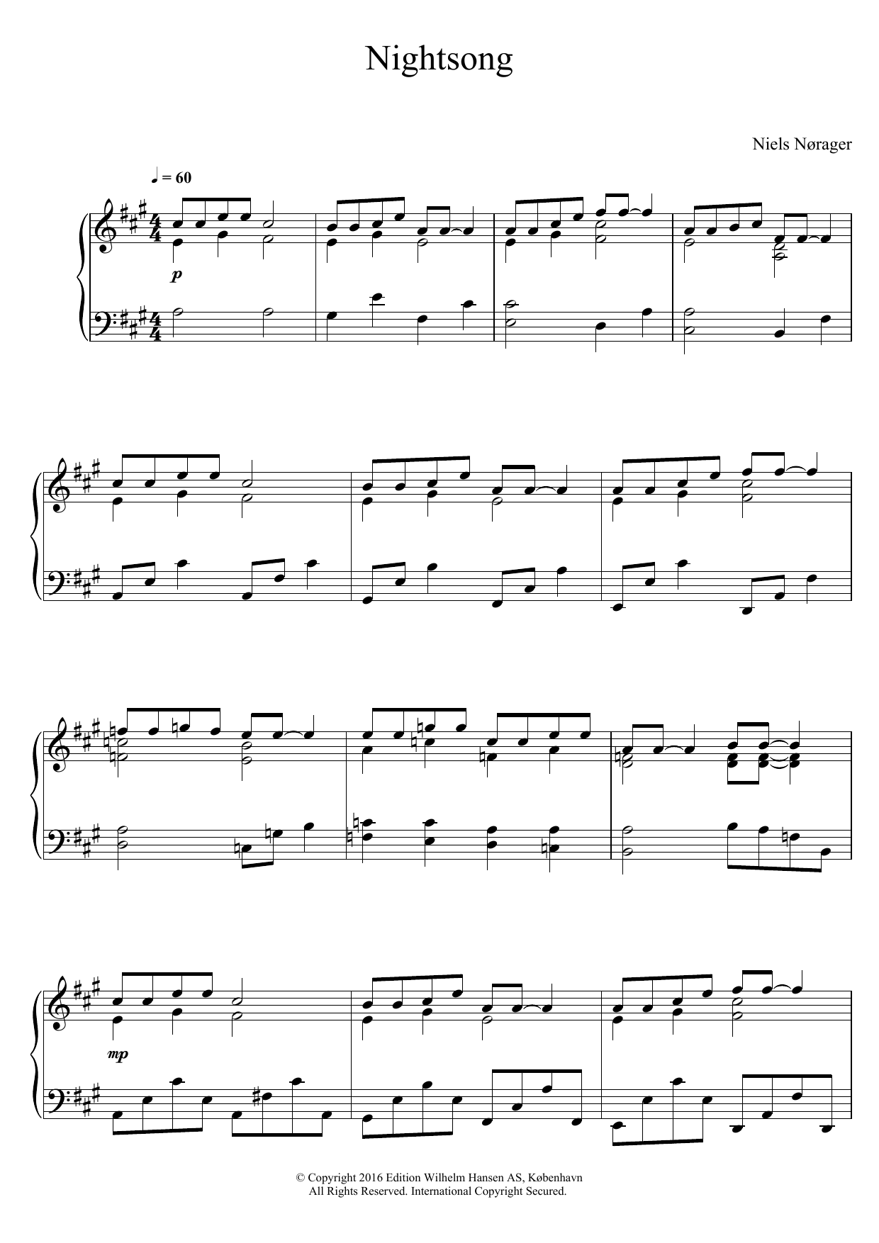 Learn to play Niels Nørager Nightsong sheet music for Piano Solo in minutes. Price: 7.8900$ Niels Nørager Nightsong sheet music notes and chords arranged for Piano Solo