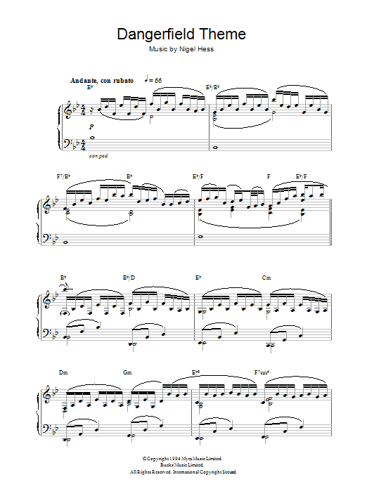 Learn to play Nigel Hess Dangerfield Theme sheet music for Piano Solo in minutes. Price: 7.8900$ Nigel Hess Dangerfield Theme sheet music notes and chords arranged for Piano Solo