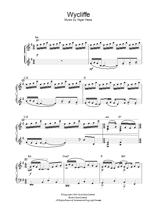 Nigel Hess Theme from Wycliffe sheet music notes and chords. Download Printable PDF.