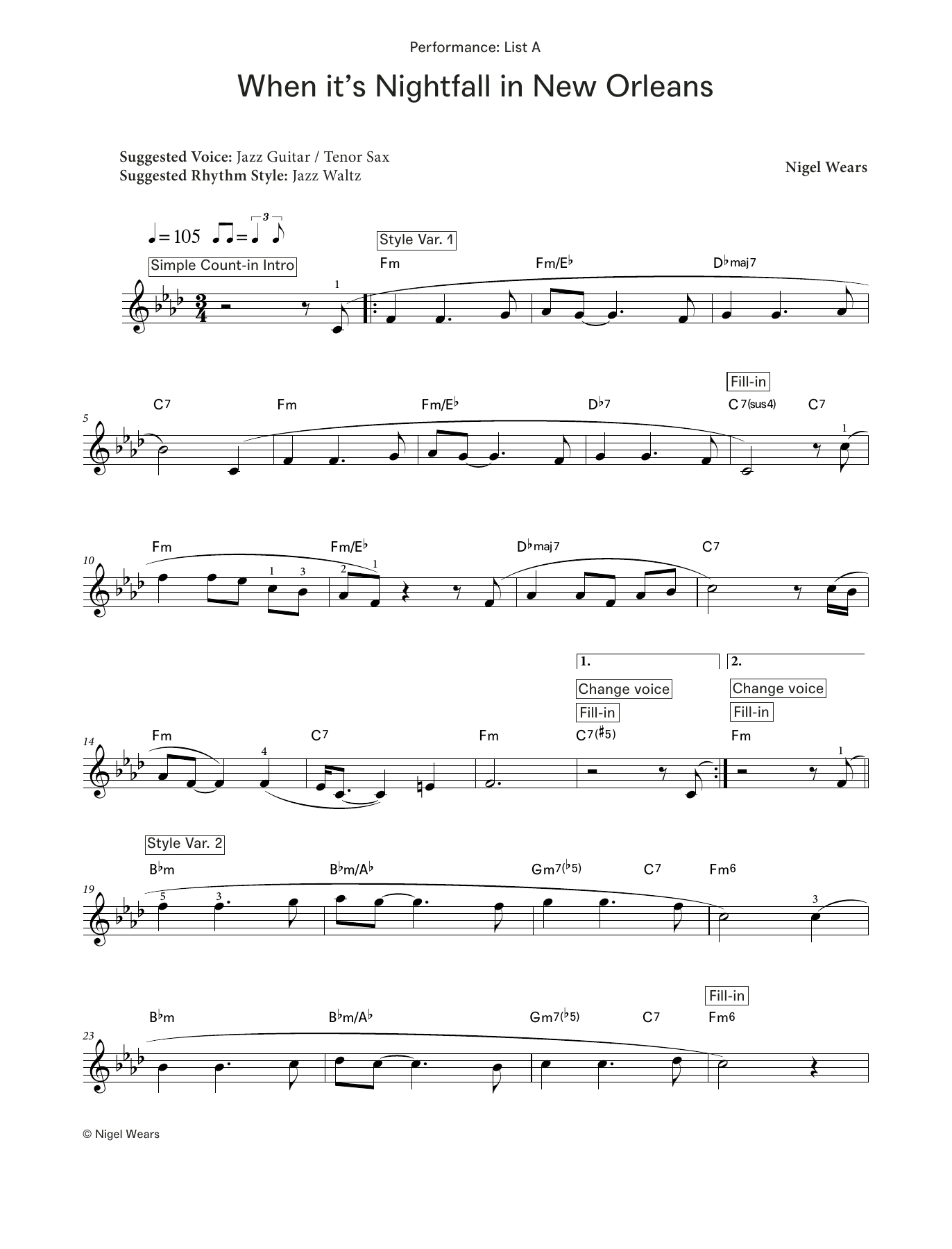 Nigel Wears When It's Nighfall in New Orleans (LCME Electronic Keyboard Grade 6 List A) sheet music notes and chords. Download Printable PDF.