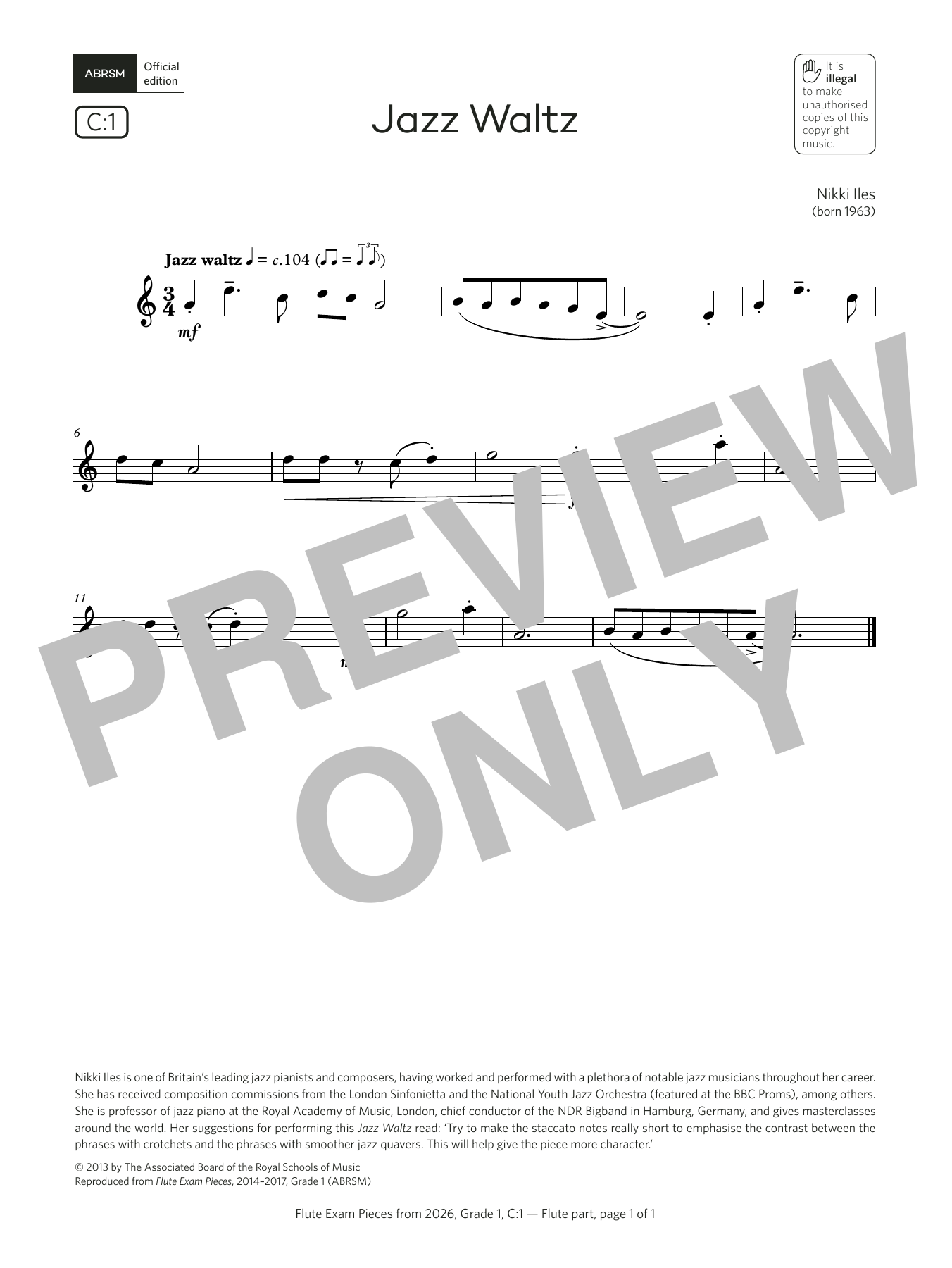 Learn to play Nikki Iles Jazz Waltz (Grade 1, list C1, from the ABRSM Flute Syllabus from 2026) sheet music for Flute Solo in minutes. Price: 3.9900$ Nikki Iles Jazz Waltz (Grade 1, list C1, from the ABRSM Flute Syllabus from 2026) sheet music notes and chords arranged for Flute Solo