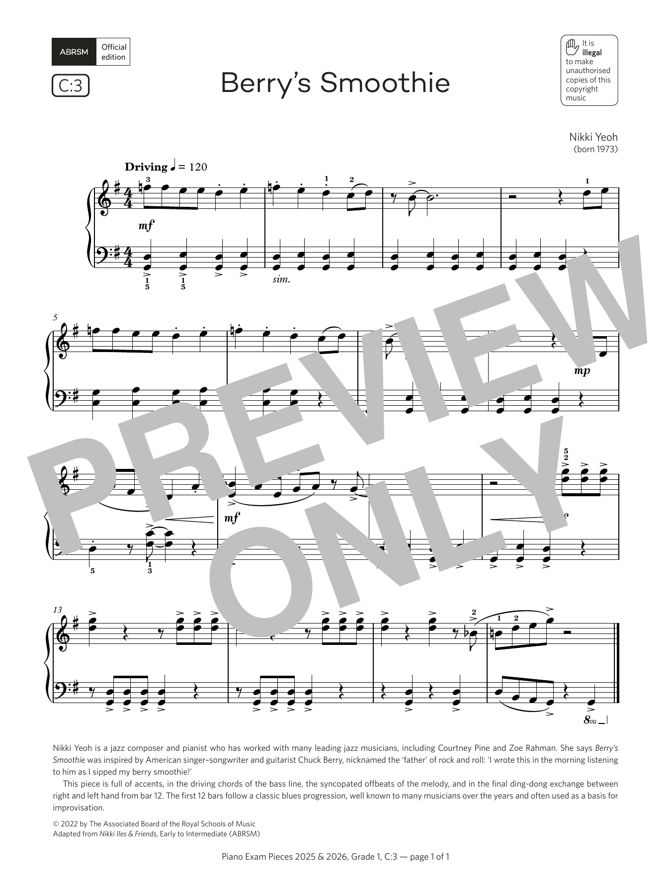 Nikki Yeoh Berry's Smoothie (Grade 1, list C3, from the ABRSM Piano Syllabus 2025 & 2026) sheet music notes and chords. Download Printable PDF.