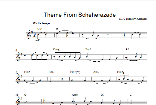 Learn to play Nikolai Rimsky-Korsakov Theme from Scheherazade sheet music for Lead Sheet / Fake Book in minutes. Price: 5.9900$ Nikolai Rimsky-Korsakov Theme from Scheherazade sheet music notes and chords arranged for Lead Sheet / Fake Book