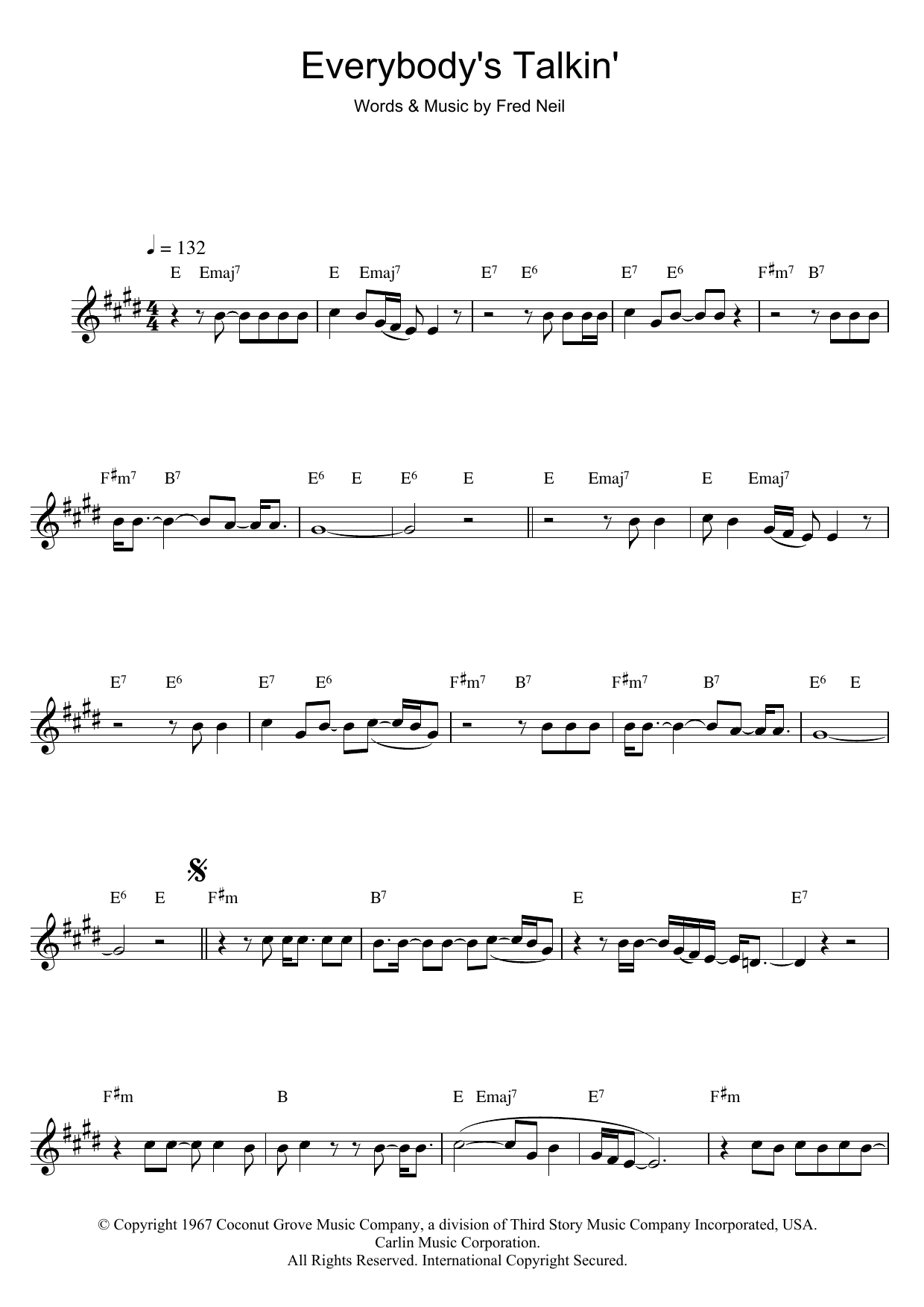 Nilsson Everybody's Talkin' sheet music notes and chords. Download Printable PDF.