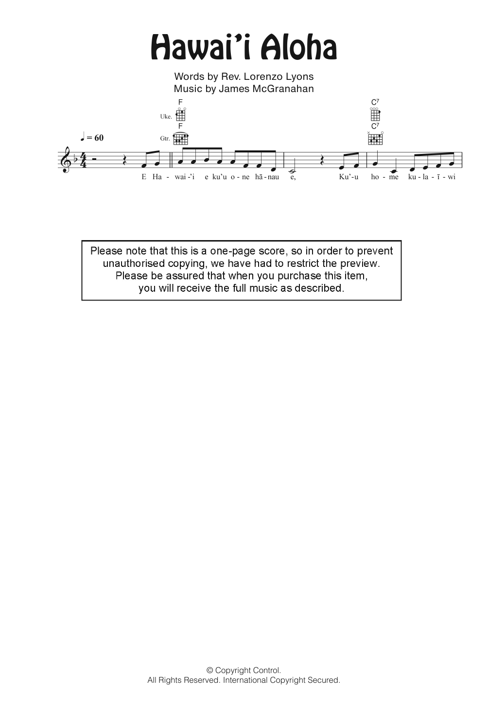 Learn to play Nina Keali’iwahaman Hawai'i Aloha sheet music for Ukulele in minutes. Price: 5.9900$ Nina Keali’iwahaman Hawai'i Aloha sheet music notes and chords arranged for Ukulele