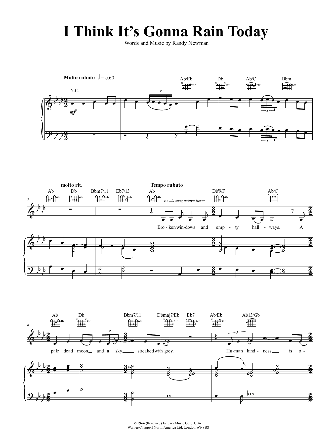 Nina Simone I Think It's Going To Rain Today sheet music notes and chords. Download Printable PDF.