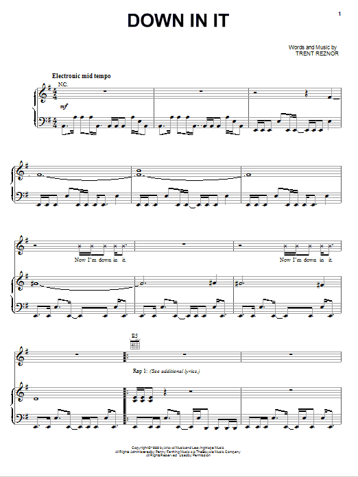 Learn to play Nine Inch Nails Down In It sheet music for Piano, Vocal & Guitar Chords (Right-Hand Melody) in minutes. Price: 7.8900$ Nine Inch Nails Down In It sheet music notes and chords arranged for Piano, Vocal & Guitar Chords (Right-Hand Melody)