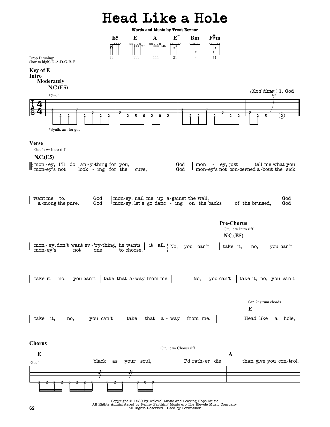 Nine Inch Nails Head Like A Hole sheet music notes and chords. Download Printable PDF.