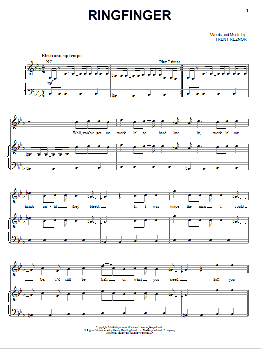 Learn to play Nine Inch Nails Ringfinger sheet music for Piano, Vocal & Guitar Chords (Right-Hand Melody) in minutes. Price: 7.8900$ Nine Inch Nails Ringfinger sheet music notes and chords arranged for Piano, Vocal & Guitar Chords (Right-Hand Melody)