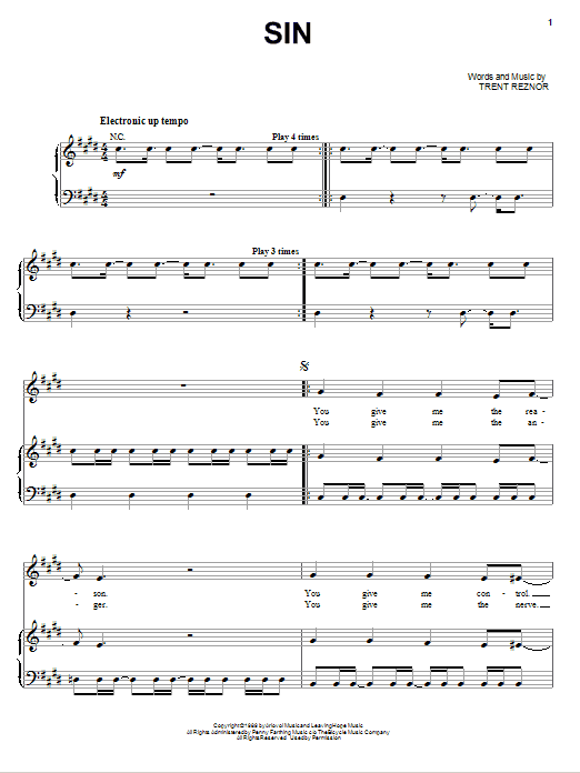 Learn to play Nine Inch Nails Sin sheet music for Piano, Vocal & Guitar Chords (Right-Hand Melody) in minutes. Price: 7.8900$ Nine Inch Nails Sin sheet music notes and chords arranged for Piano, Vocal & Guitar Chords (Right-Hand Melody)