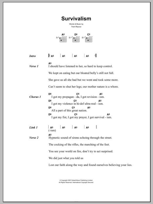 Nine Inch Nails Survivalism sheet music notes and chords. Download Printable PDF.