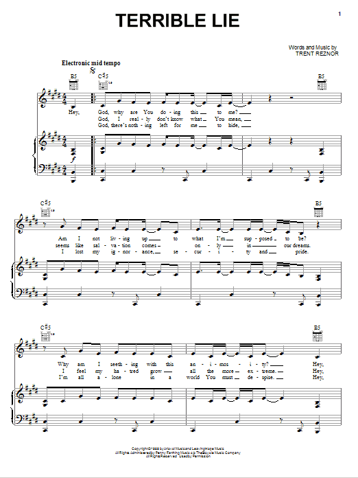 Learn to play Nine Inch Nails Terrible Lie sheet music for Piano, Vocal & Guitar Chords (Right-Hand Melody) in minutes. Price: 7.8900$ Nine Inch Nails Terrible Lie sheet music notes and chords arranged for Piano, Vocal & Guitar Chords (Right-Hand Melody)