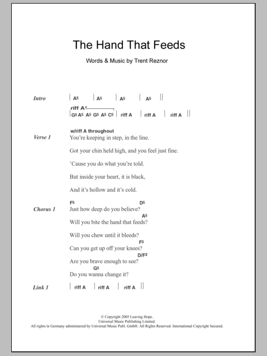 Nine Inch Nails The Hand That Feeds sheet music notes and chords. Download Printable PDF.