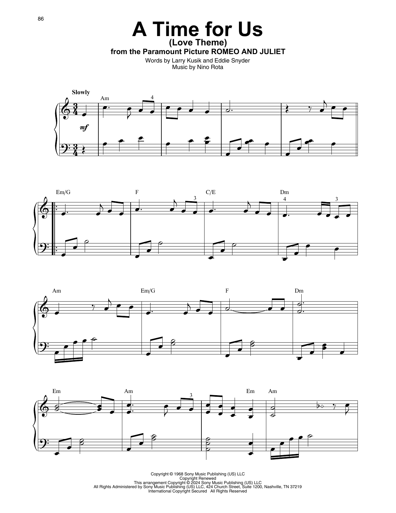 Nino Rota A Time For Us (Love Theme) (from Romeo And Juliet) sheet music notes and chords. Download Printable PDF.