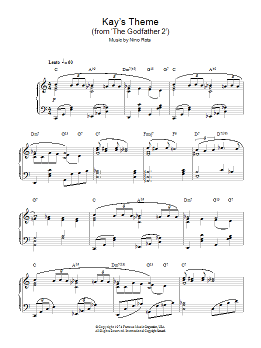 Nino Rota Kay's Theme (from 'The Godfather 2') sheet music notes and chords arranged for Piano Solo