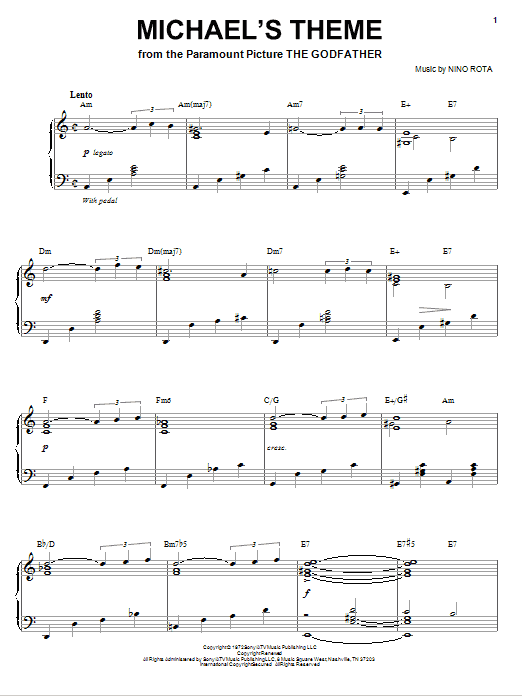 Learn to play Nino Rota Michael's Theme sheet music for Piano, Vocal & Guitar Chords (Right-Hand Melody) in minutes. Price: 7.8900$ Nino Rota Michael's Theme sheet music notes and chords arranged for Piano, Vocal & Guitar Chords (Right-Hand Melody)