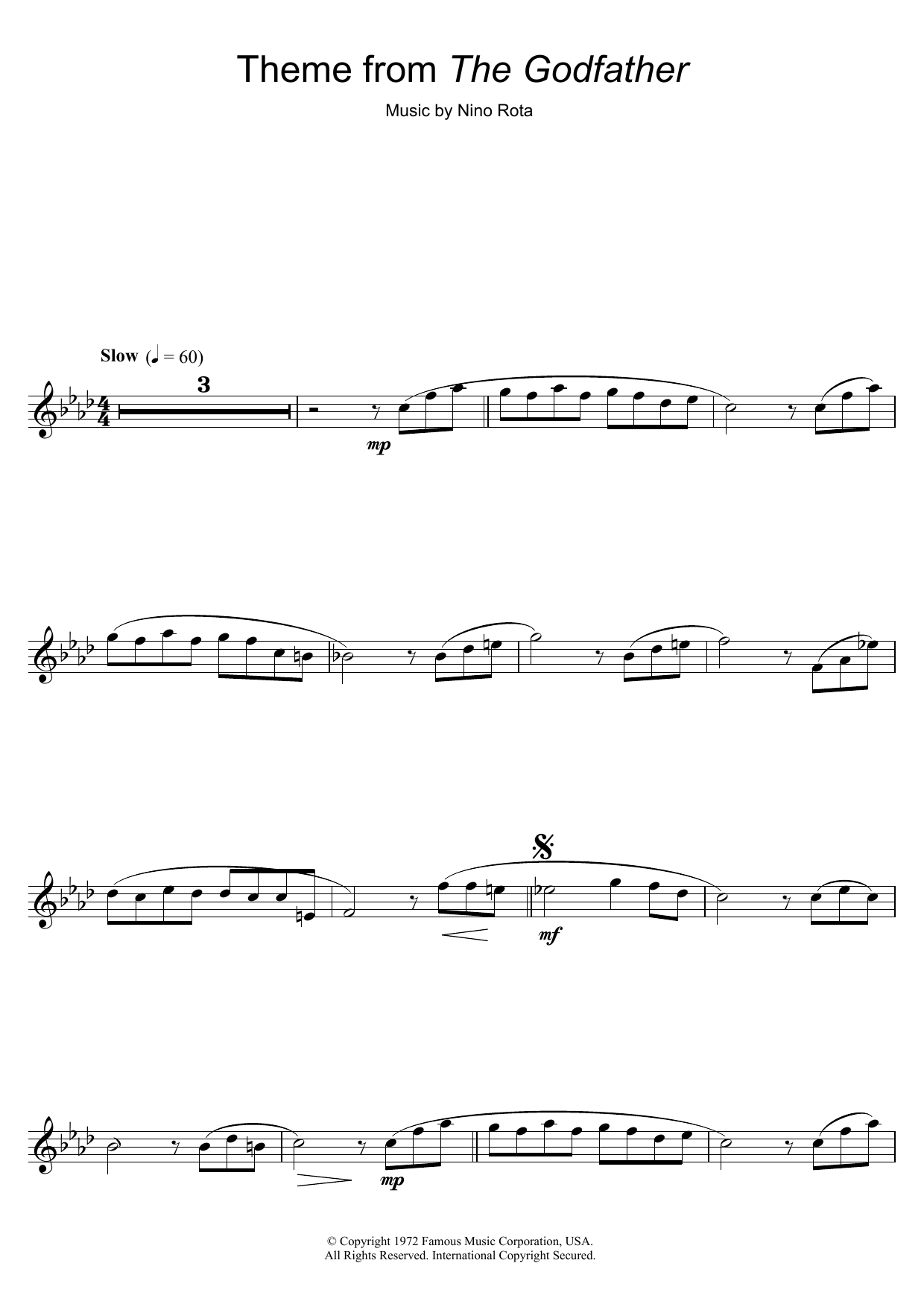 Nino Rota Theme from The Godfather sheet music notes and chords. Download Printable PDF.