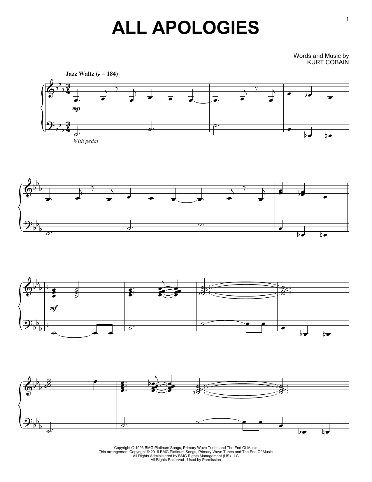 Nirvana All Apologies [Jazz version] sheet music notes and chords. Download Printable PDF.