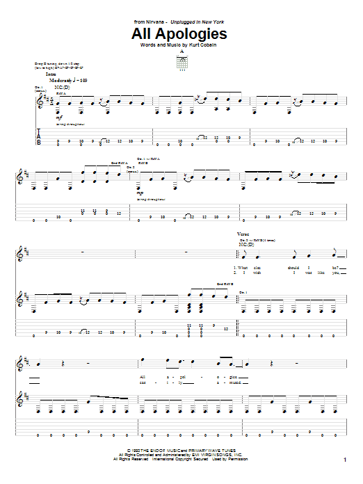 Nirvana All Apologies sheet music notes and chords. Download Printable PDF.