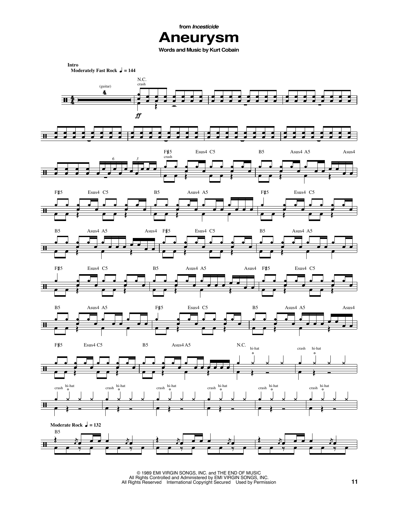 Nirvana Aneurysm sheet music notes and chords. Download Printable PDF.