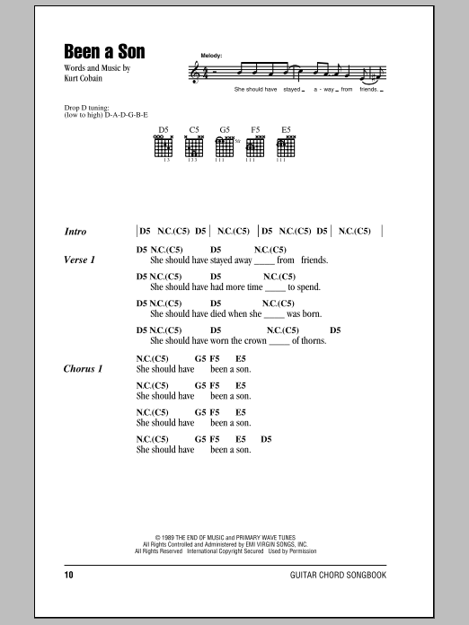Learn to play Nirvana Been A Son sheet music for Guitar Chords/Lyrics in minutes. Price: 4.4900$ Nirvana Been A Son sheet music notes and chords arranged for Guitar Chords/Lyrics