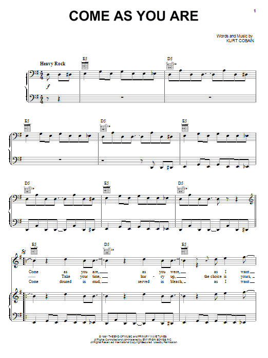 Nirvana Come As You Are sheet music notes and chords. Download Printable PDF.