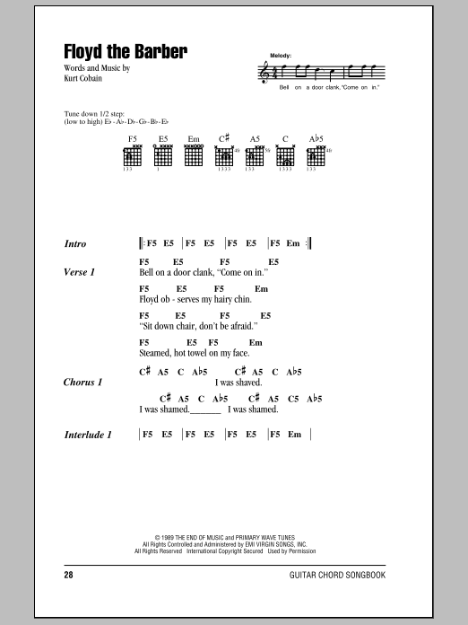 Learn to play Nirvana Floyd The Barber sheet music for Guitar Chords/Lyrics in minutes. Price: 4.4900$ Nirvana Floyd The Barber sheet music notes and chords arranged for Guitar Chords/Lyrics